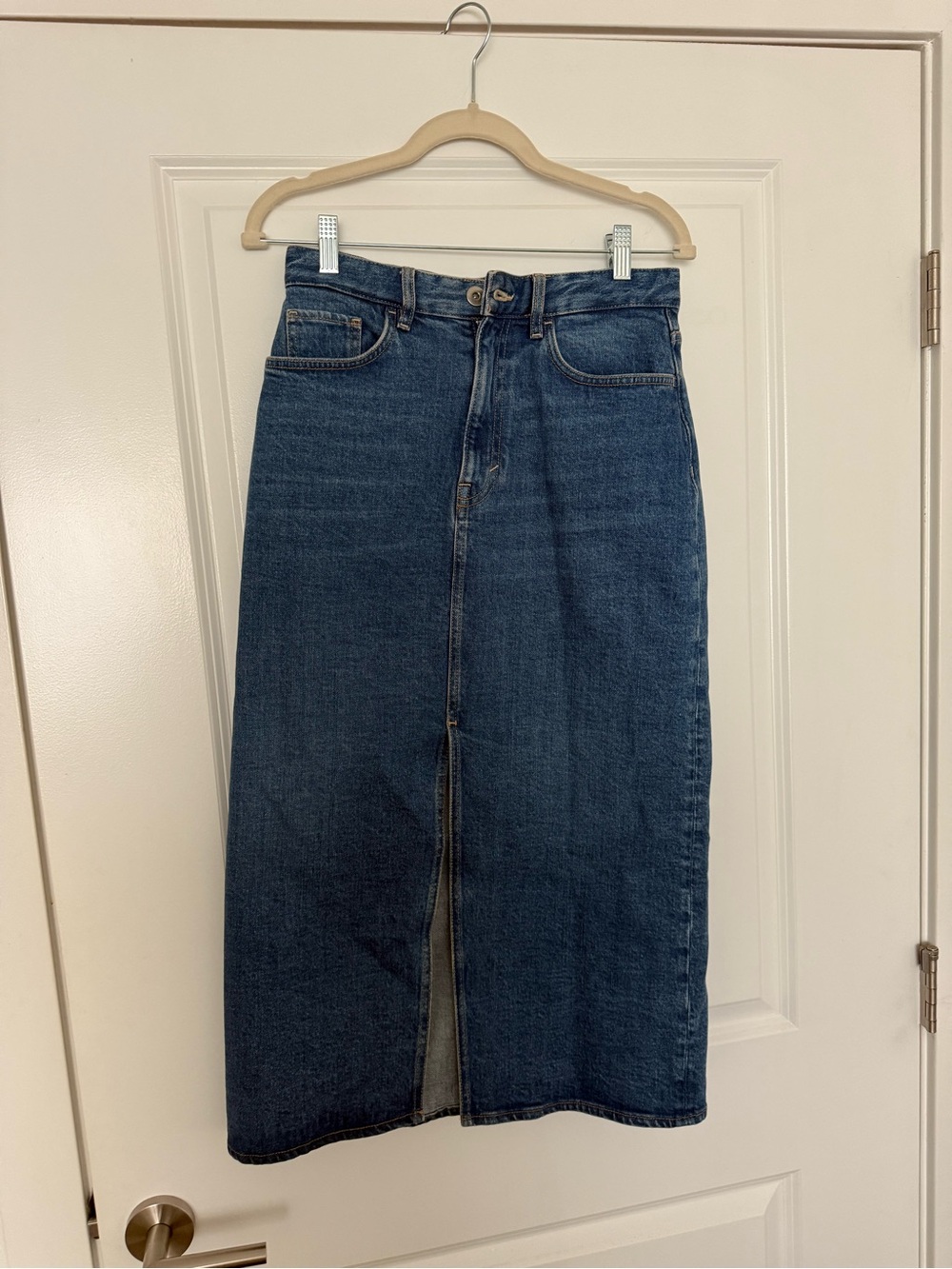 COS High-Rise Dark Blue Denim Midi Skirt